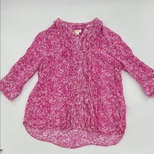 Anthropologie Maeve Pink Sheer ruffle Blouse office feminine 3/4 sleeve